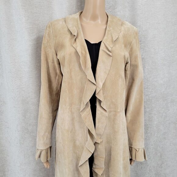 Boston Proper 90s Y2k Tan Suede Leather Trench Long Duster Jacket Boho Western - Picture 3 of 16